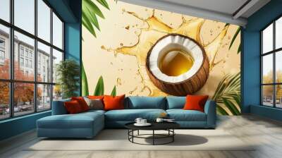 Tropical Coconut with Cooking Oil Splashes - Minimalist Vector Illustration on Beige Gradient Background Wall mural