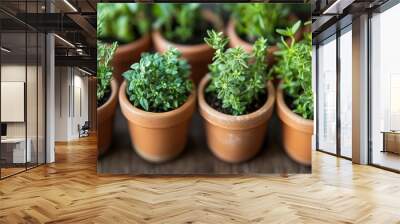 Vibrant Potted Herbs - Close-up of Fresh Thyme and Rosemary in Small Pots Against Simple Background Wall mural