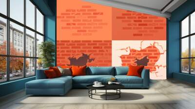 Brick walls set. Pattern of red brick. Destroyed wall, collapse of masonry, accident, strong blow against the wall. Wall mural