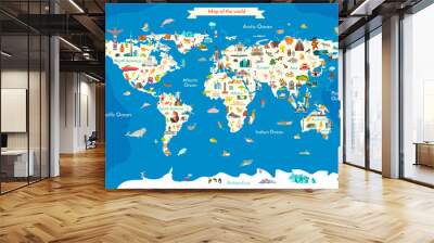 Animals world landmarks map for kid. World vector poster for children, cute illustrated. Cartoon globe with animals. Oceans and continent: South America, Eurasia, North America, Africa, Australia Wall mural