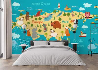 Animals world map, Eurasia. Vector illustration, preschool, baby, continents, oceans, drawn, Earth. Wall mural