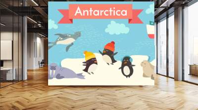 Antarctica cartoon animals vector illustration set. Penguin, walrus, seal, lighthouse, boat. Wall mural