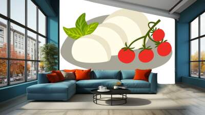 Cheese Buffalo mozzarella vector illustration. Mozzarella slice with basil and tomato cherry. Cartoon style icon, isolated on white background Wall mural