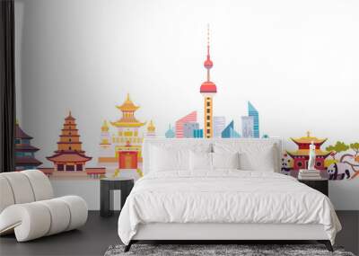 China skyline colorful background. Famous China building. China hand drawn vector illustration. Chinese travel landmarks/attraction. Vector illustration isolated on white background Wall mural