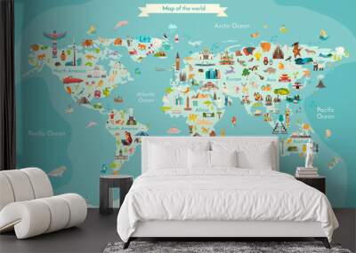 Landmarks world map vector cartoon illustration. World vector poster for children, cute illustrated Wall mural