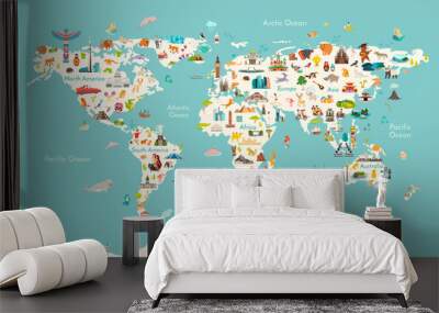 World map vector illustration. Landmarks, sight and animals hand draw icon. World vector poster for children, cute illustrated. Travel concept card Wall mural