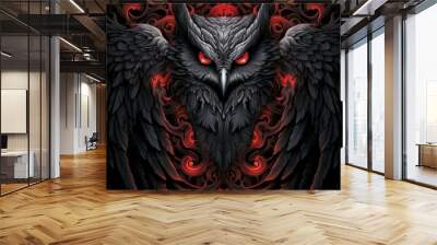 a wallpaper featuring a Owl With Spreading Wings with two red and black wings set against a dark background. The style should blend humor with heart, showcasing light gray and dark black tones. For in Wall mural