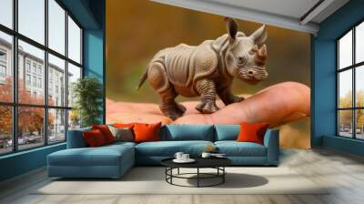 Tiny rhinoceros figurine stands on human palm. Gray, detailed sculpture captures wrinkled skin texture. Prominent horn, small ears, and stocky body accurately represented.  Wall mural