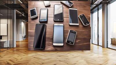 Top view of a dark wooden table on which several different models of mobile phones are resting. Wall mural