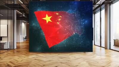 China,  vector flag, virtual abstract 3D object from triangular polygons on a blue background Wall mural