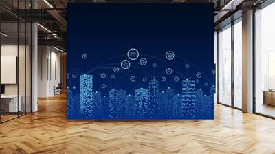 Communication and networking in a digital society. Sky background. Future city or smart city concept. Wall mural