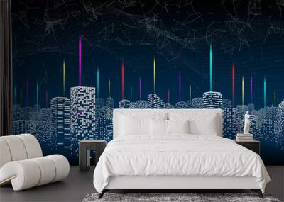 Smart city concept. building at night. A city full of skyscrapers. Connectivity and communication technology of the future. Wall mural