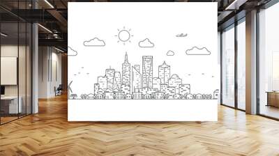 Vector thin line city landscape. Panorama urban modern city landscape with high skyscrapers. Wall mural