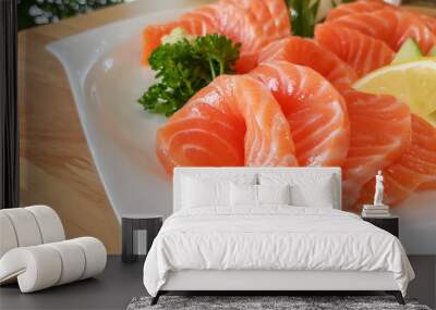 fresh salmon sliced in white dish. Wall mural