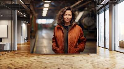 portrait of a blissful woman in her 40s wearing a trendy bomber jacket against a bustling factory fl Wall mural