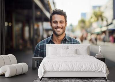 portrait of a cheerful man in his 30s wearing a comfy flannel shirt against a vibrant market street  Wall mural