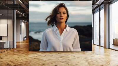 Portrait of a content woman in her 20s wearing a simple cotton shirt against a stunning ocean reef. AI Generation Wall mural