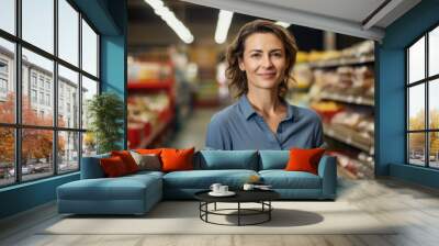 portrait of a glad woman in her 30s dressed in a casual t-shirt against a busy supermarket aisle bac Wall mural