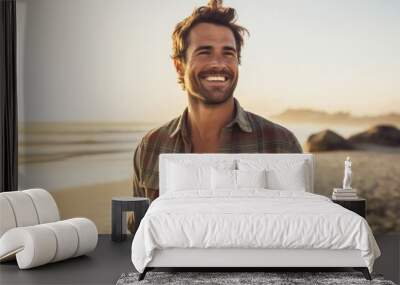 portrait of a happy man in his 30s sporting a versatile denim shirt against a stunning sunset beach  Wall mural