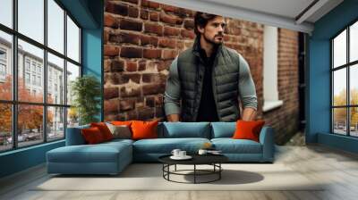 portrait of a merry man in his 30s dressed in a water-resistant gilet against a vintage brick wall.  Wall mural