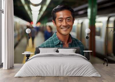 Portrait of a smiling asian man in his 40s dressed in a relaxed flannel shirt against a bustling city subway background. AI Generation Wall mural