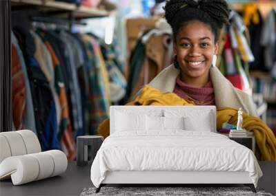 Cheerful young woman holding a box of donated items in a thrift store Wall mural