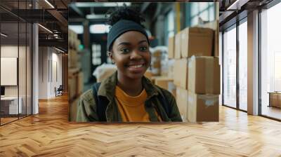 Happy young black female Handling shipping and logistics in startup company office Wall mural