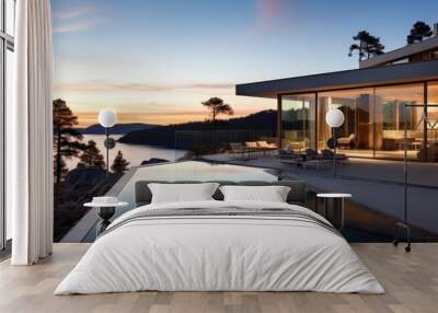 Modern luxury house or villa with an infinity pool overlooking a beatiful view of the ocean and sky Wall mural