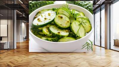 Pickles and cucumbers slices in bowl white background Wall mural