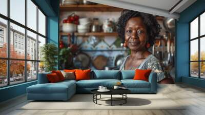 Portrait of a middle aged black woman in zero waste kitchen Wall mural