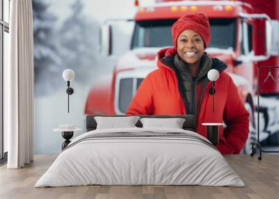 Portrait of a middle aged female truck driver during winter Wall mural