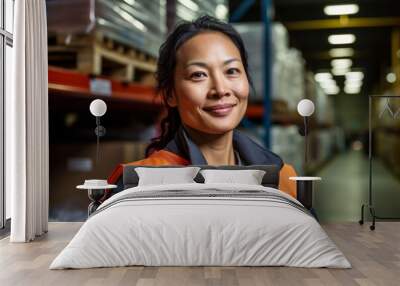 Portrait of a smiling middle aged female warehouse worker Wall mural