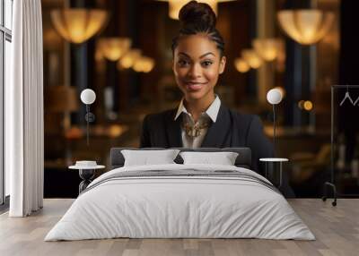 Portrait of a smiling young female African American hotel receptionist Wall mural