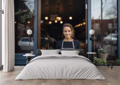 Portrait of a smiling young woman small business owner Wall mural