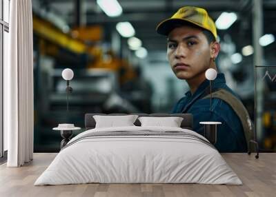 Portrait of a young male assembly line worker in factory Wall mural