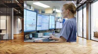 Registered nurse reviews patient charts on a computer monitor at nursing station Wall mural