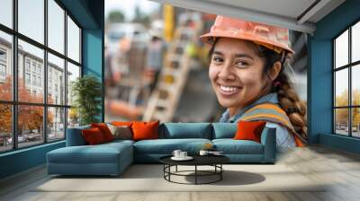 Smiling portrait of a hispanic female construction worker Wall mural