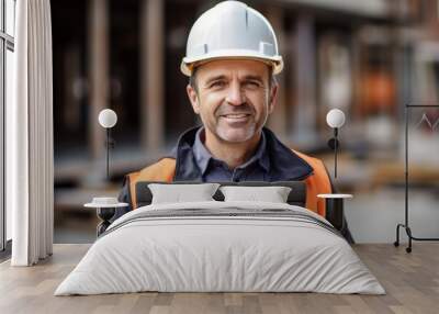 Smiling portrait of a middle aged Caucasian businessman on construction site Wall mural