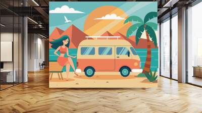 A beach scene with a vintage van parked by the shore. A man sits under an umbrella enjoying a drink. The scene includes palm trees, mountains in the background and a hammock strung between two trees. Wall mural