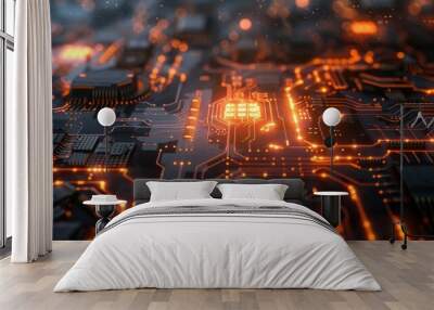 A detailed computer motherboard with a CPU as the centerpiece. Dark aesthetic with orange highlights symbolizing electrical activity and futuristic vibe. Wall mural