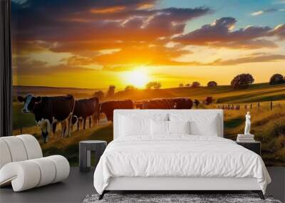 A herd of cows walking along a dirt path in a field during sunset. The sky is bright, with shades of yellow, orange, and blue. rural life discussion topic Wall mural