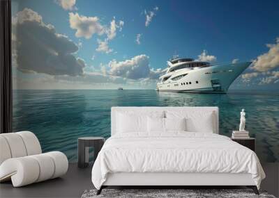 A luxurious white yacht peacefully anchored in calm waters, surrounded by vast sea and sky. A serene scene with a smaller boat visible in the distance. Wall mural