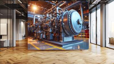 A photo of an industrial setting shows a large metal valve in a petrochemical plant. Two workers appear to be inspecting it, surrounded by metal structures and pipes, under bright orange light. Wall mural