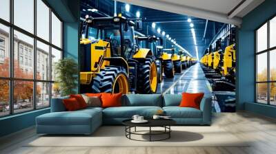 a row of yellow tractors parked inside an industrial facility or warehouse. the topic of discussion is manufacturing, heavy equipment, industrial efficiency or logistics. Wall mural