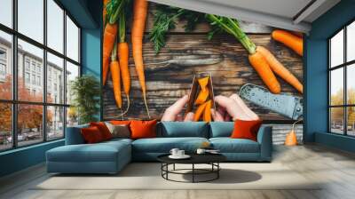 A rustic scene with a person peeling carrots on a table filled with various veggies. Serene ambiance for healthy meal prep. Wall mural