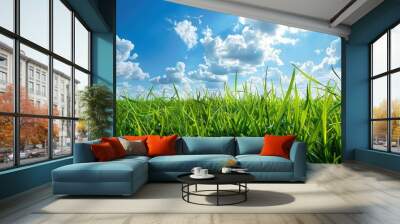 A serene landscape with clear blue skies, white clouds, and lush green fields exudes natural beauty and tranquility. Wall mural