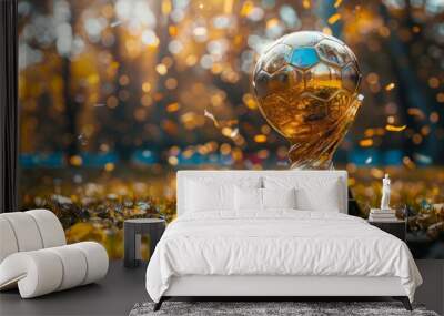 A shiny gold soccer ball trophy sits on a grass field with yellow leaves, surrounded by golden confetti, depicting a celebratory and visually pleasing scene. Wall mural