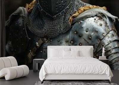 A somber drawing of an armored knight with a Christian cross shield and a sword, set in a dark indoor background. The knight looks ready and stern. Wall mural