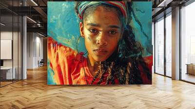 A vibrant artwork shows a powerful Black woman with outstretched arms, confident expression, tattoos, and dreadlocks. The mix of photography and digital painting creates an energy-filled image. Wall mural