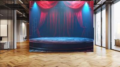 A vintage, empty stage with a round cement stage, wooden floor, red curtain, and spotlights creates an atmosphere of anticipation and artistry. Wall mural